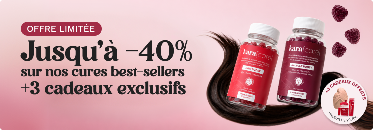 An advertisement for Kara[care] supplements with two bottles on a lock of hair and promotional text in French.