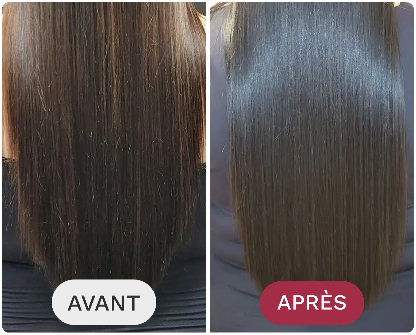 A before and after image showing long, straight brown hair becoming smoother and shinier after a treatment.