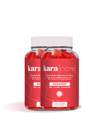 Two bottles of kara[core] Hair Boost red gummy supplements against a white background.