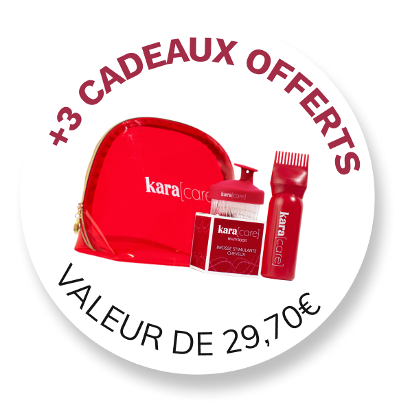 Promotional image for Kara[care] showing three free red beauty products—a bag, a brush, and an applicator.