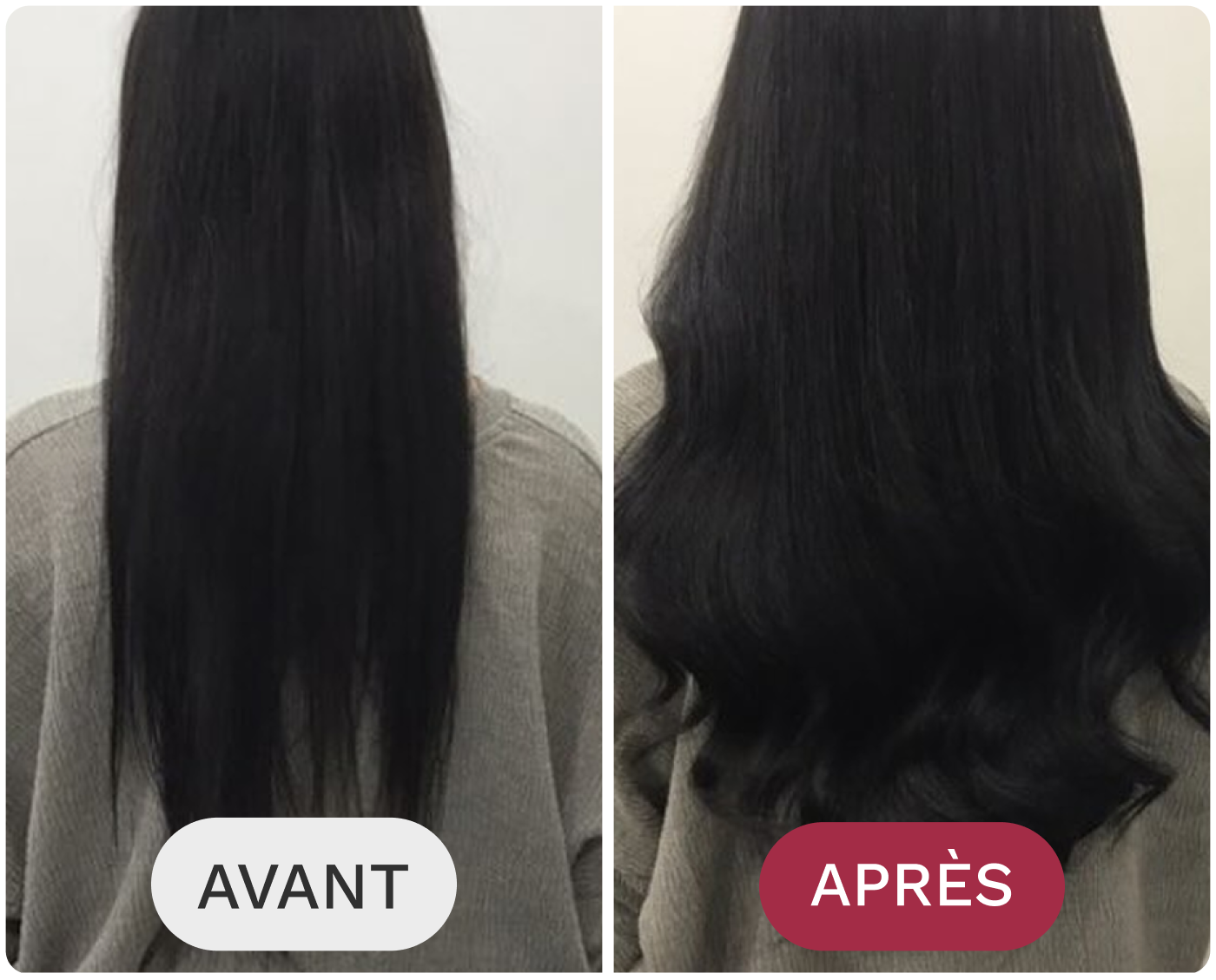 Before and after view of long, straight black hair styled with volume and soft waves at the ends.