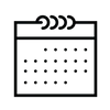 A simple black line icon of a spiral-bound calendar with dots representing the days.
