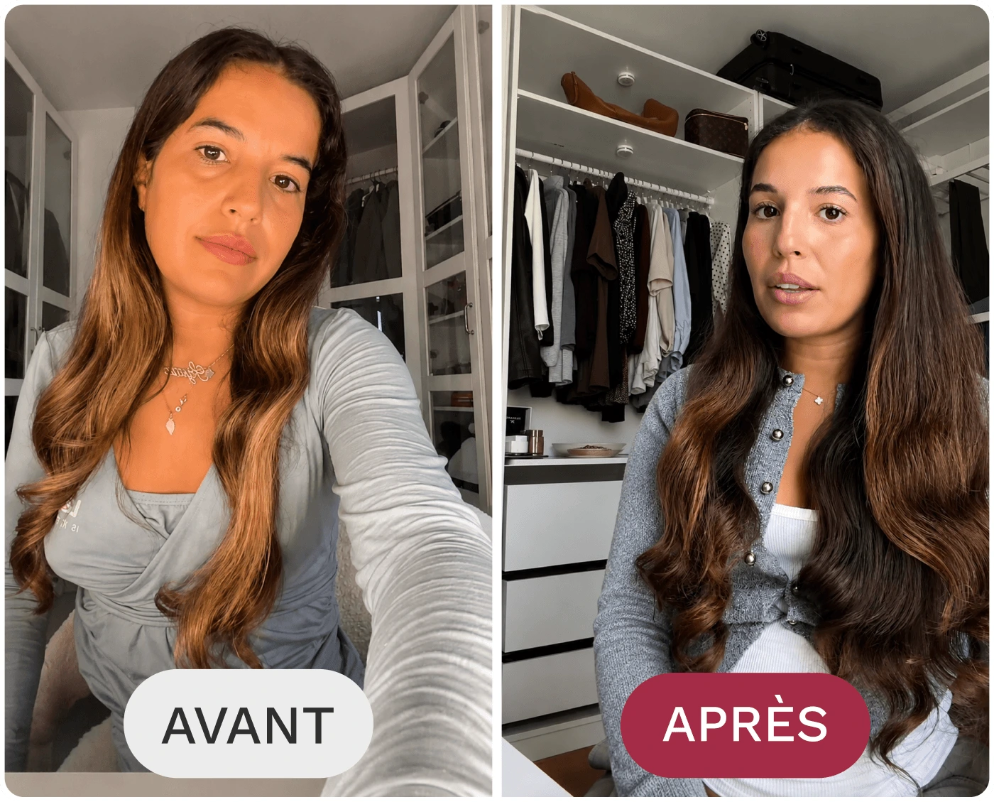 A split-screen before-and-after image of a woman, labeled in French 'Avant' and 'Après', in her closet.
