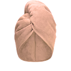 A light brown, twisted hair towel wrap against a white background.