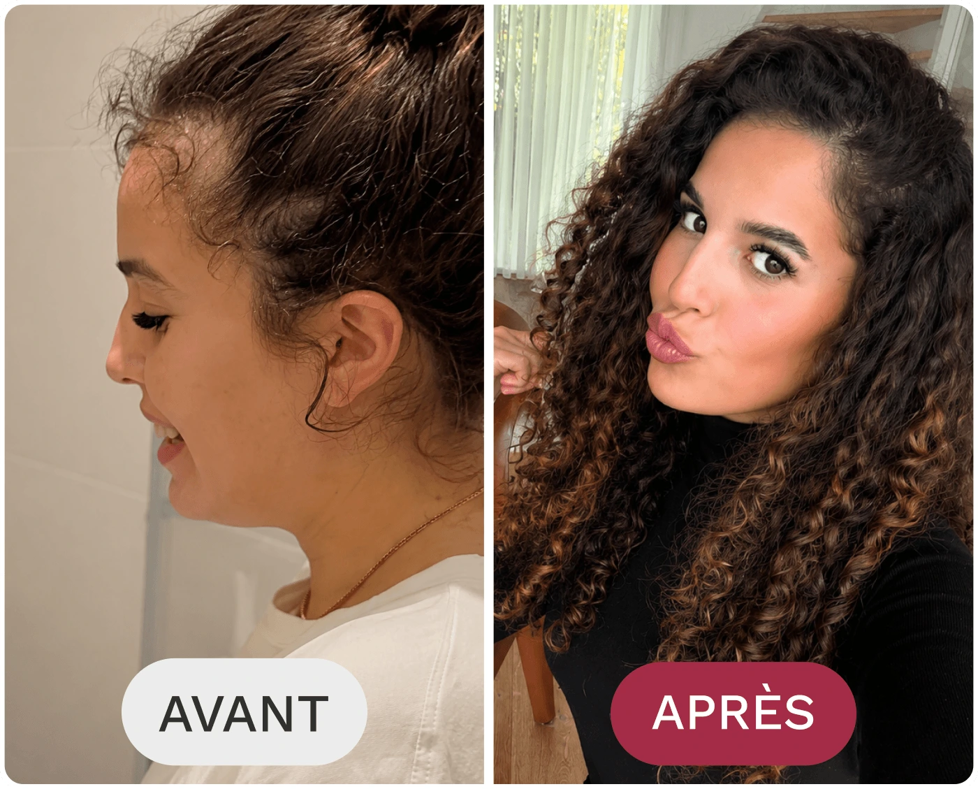 A before-and-after photo of a woman, showing her curly hair appearing much fuller and more voluminous.