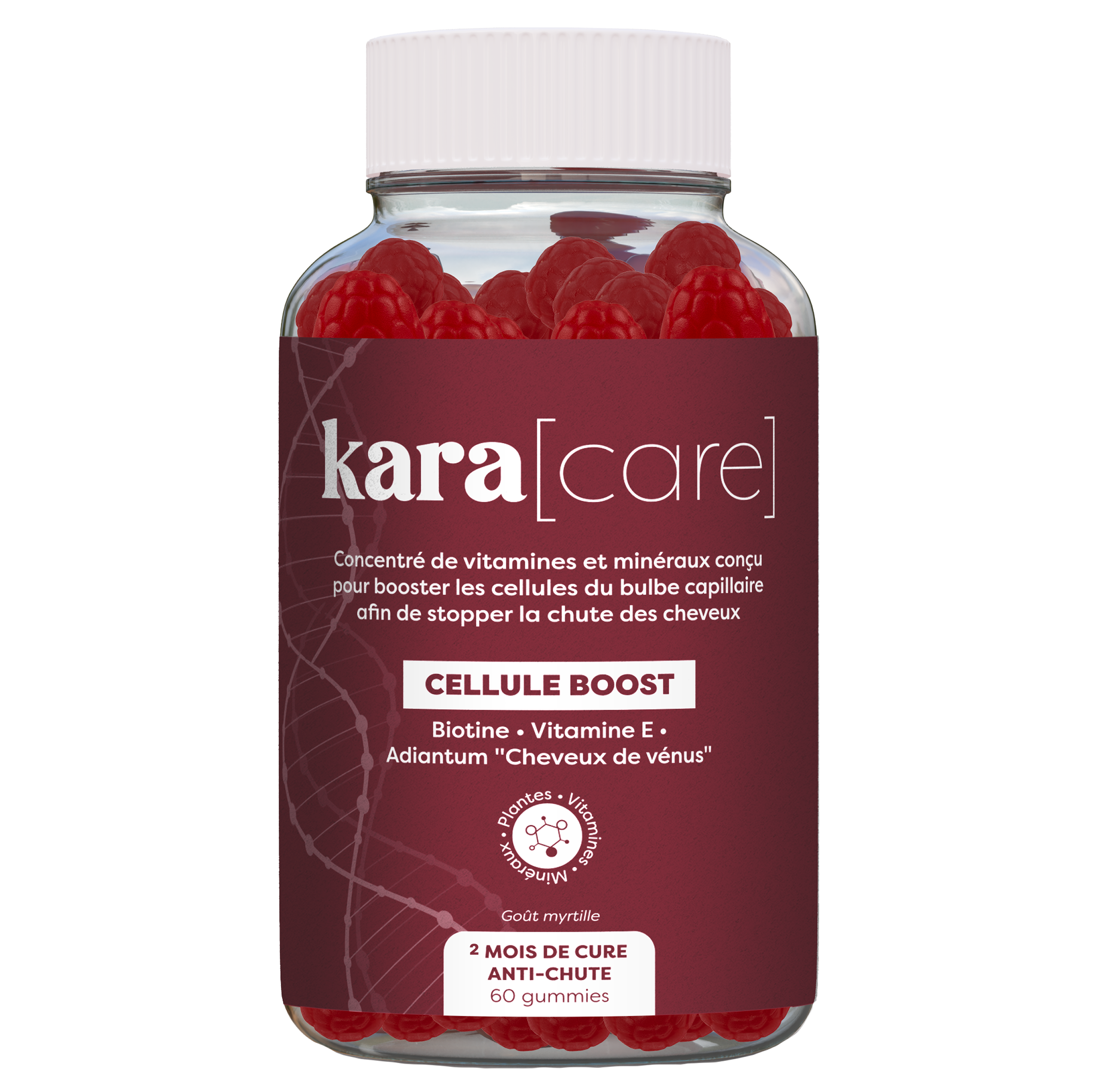 A clear bottle of Kara Care Cellule Boost, filled with red, raspberry-shaped hair gummies.