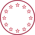 A maroon circular border containing twelve five-pointed stars arranged in a circle.