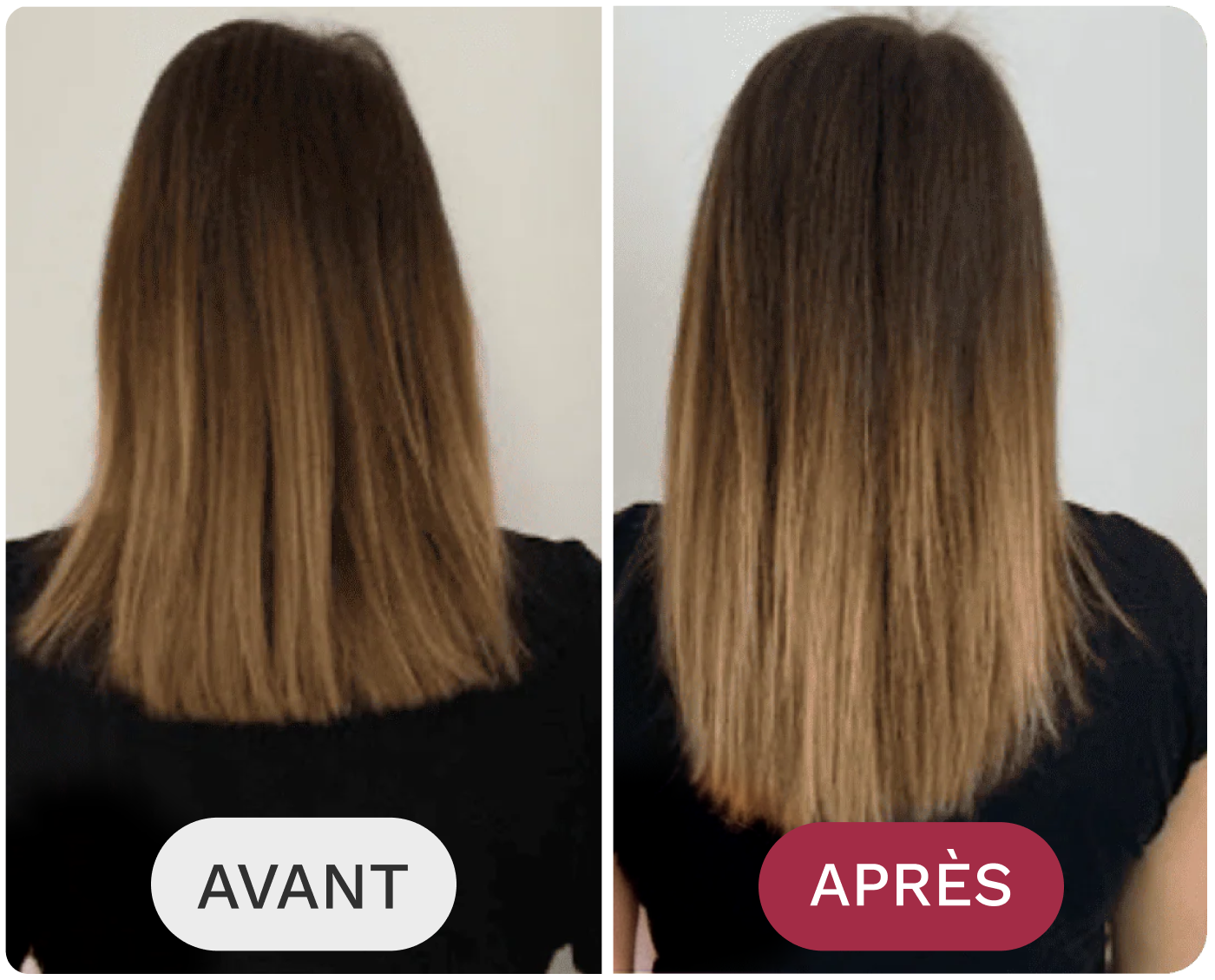A before and after comparison of a woman's hair, which appears smoother and healthier in the second image.