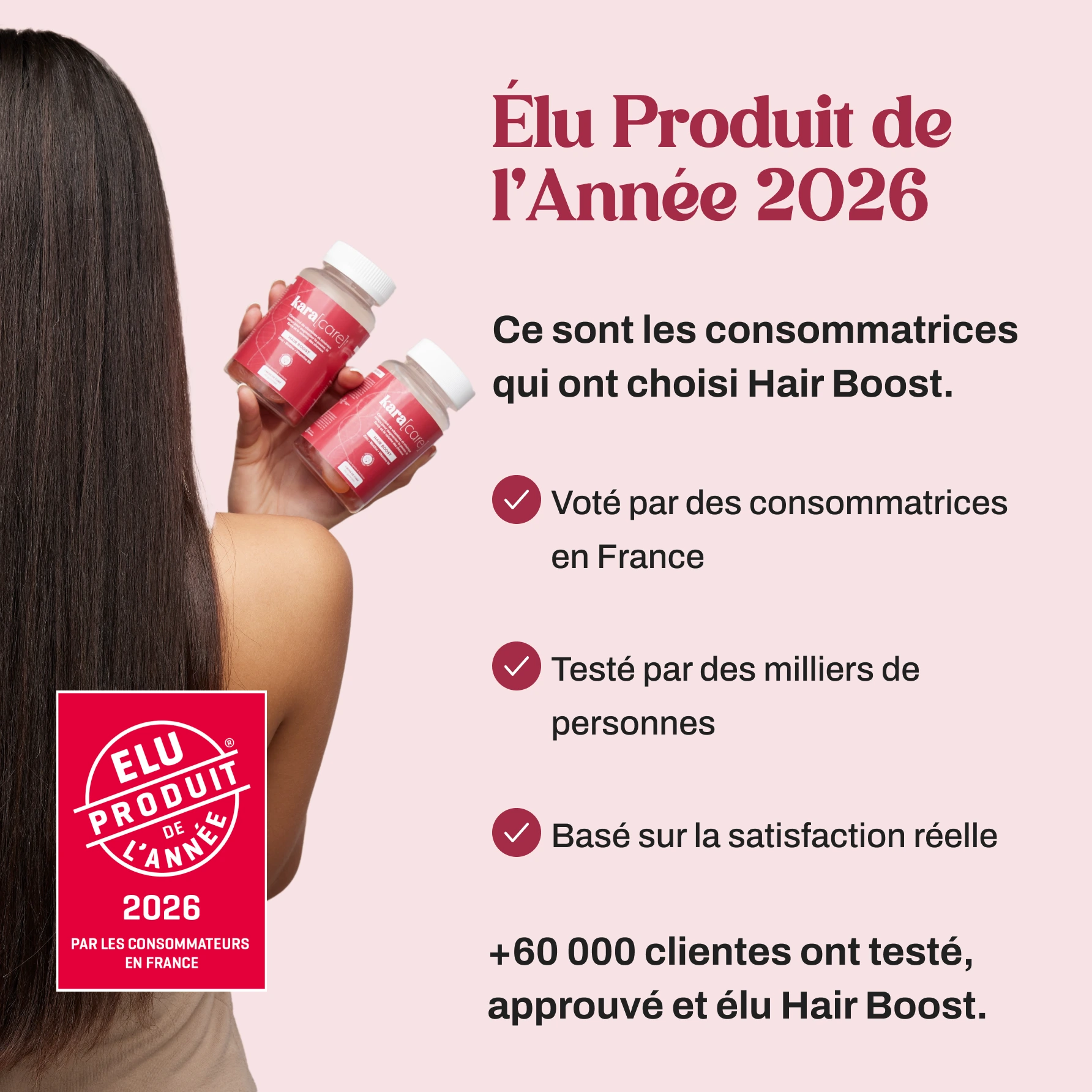 A French advertisement for KaraCare Hair Boost, showing a woman with long hair holding two bottles of the product.