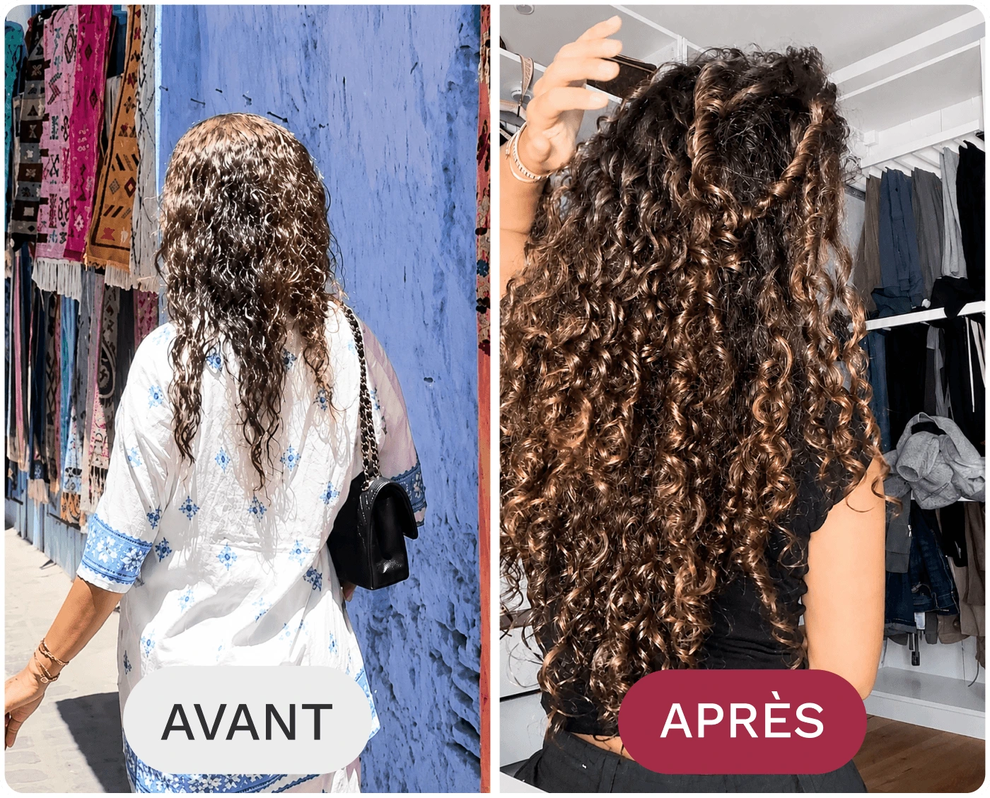 A before-and-after image showing a woman's hair transformation from wet and undefined to dry with defined curls.