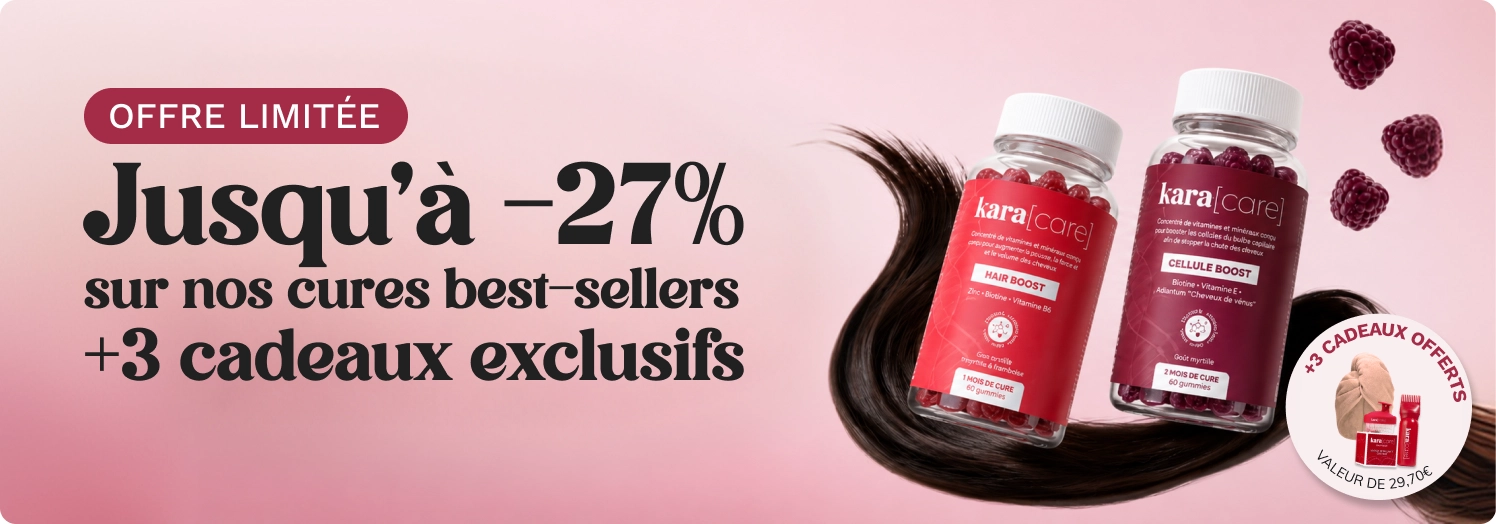 An advertisement for Kara[care] supplements with two bottles on a lock of hair and promotional text in French.