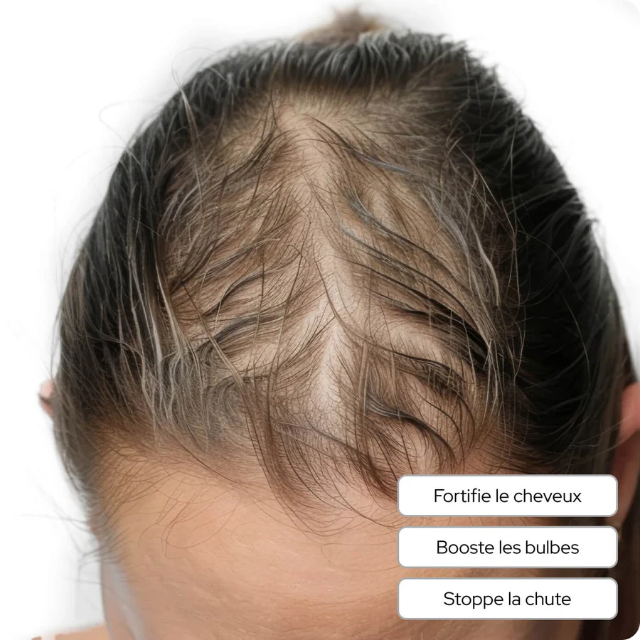 A close-up, top-down view of a person's scalp showing thinning brown hair.