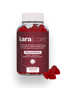 A clear bottle of Kara Care Cellule Boost hair gummies, shaped like raspberries, on a white background.