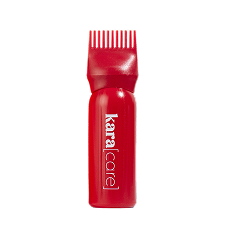 A small red bottle labeled 'kara[core]' with a red comb applicator top against a white background.