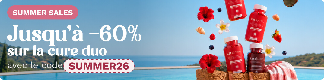 A promotional banner for a summer sale on supplements, with bottles, fruits, and flowers by a pool.