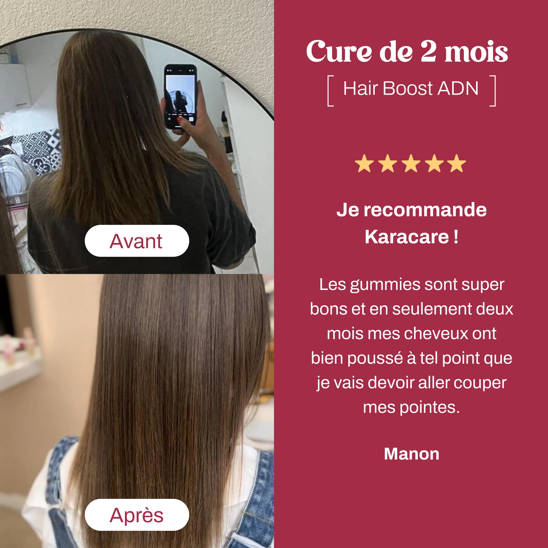 A before and after image showing a woman's hair appearing longer, smoother, and healthier, alongside a testimonial.