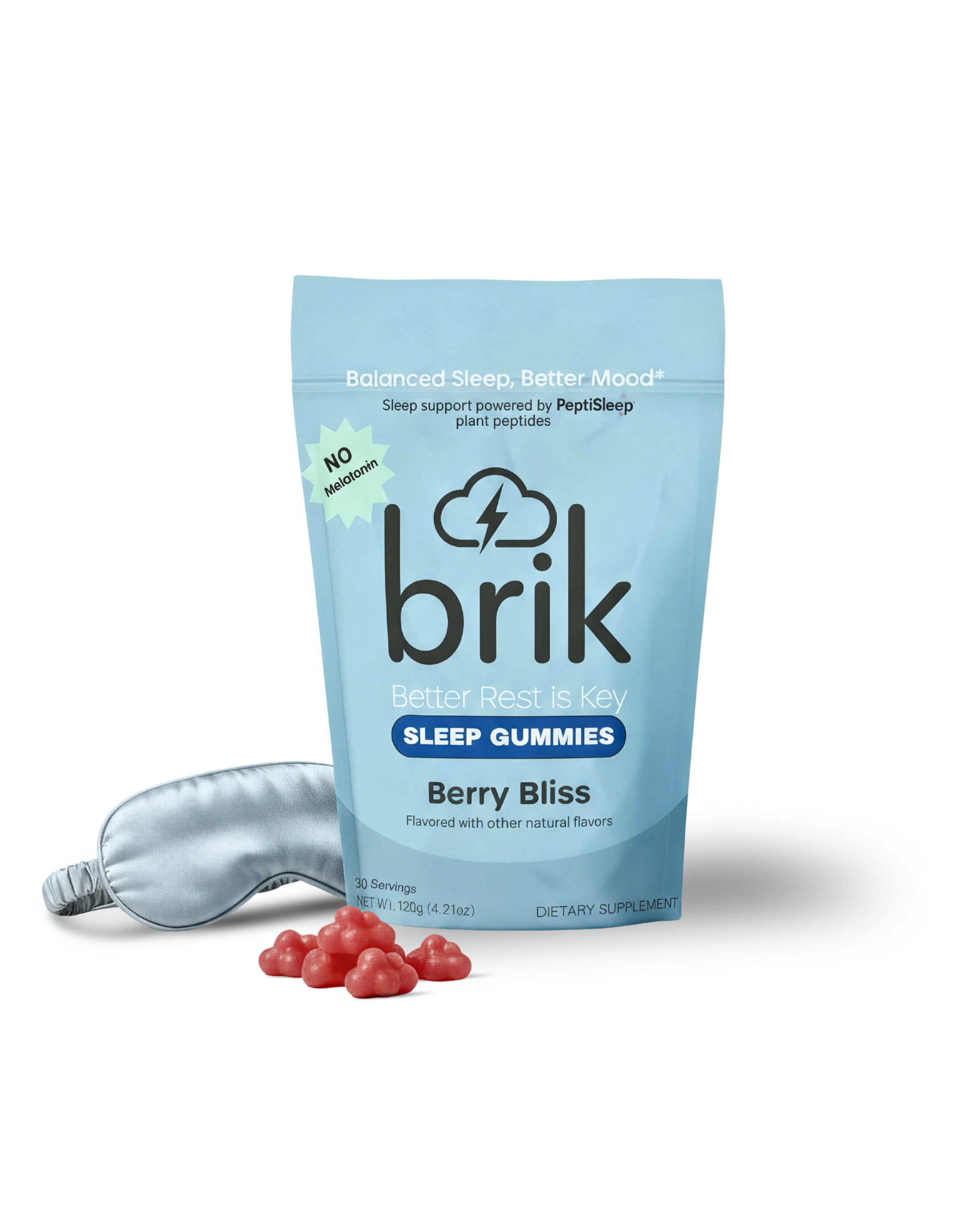 A blue pouch of brik Sleep Gummies with a sleep mask and several red gummies on a white background.