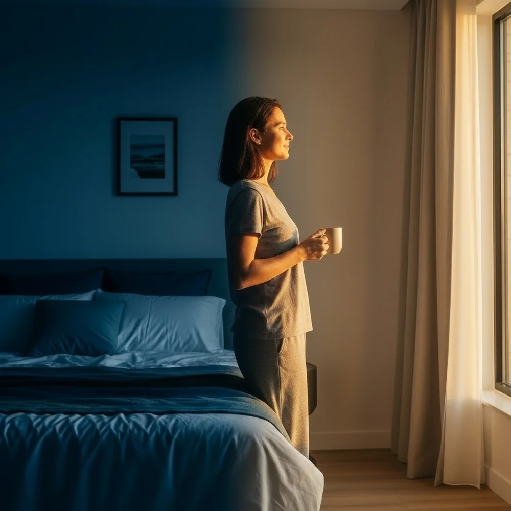 A woman in pajamas holding a mug stands by a window, gazing outside in morning light.