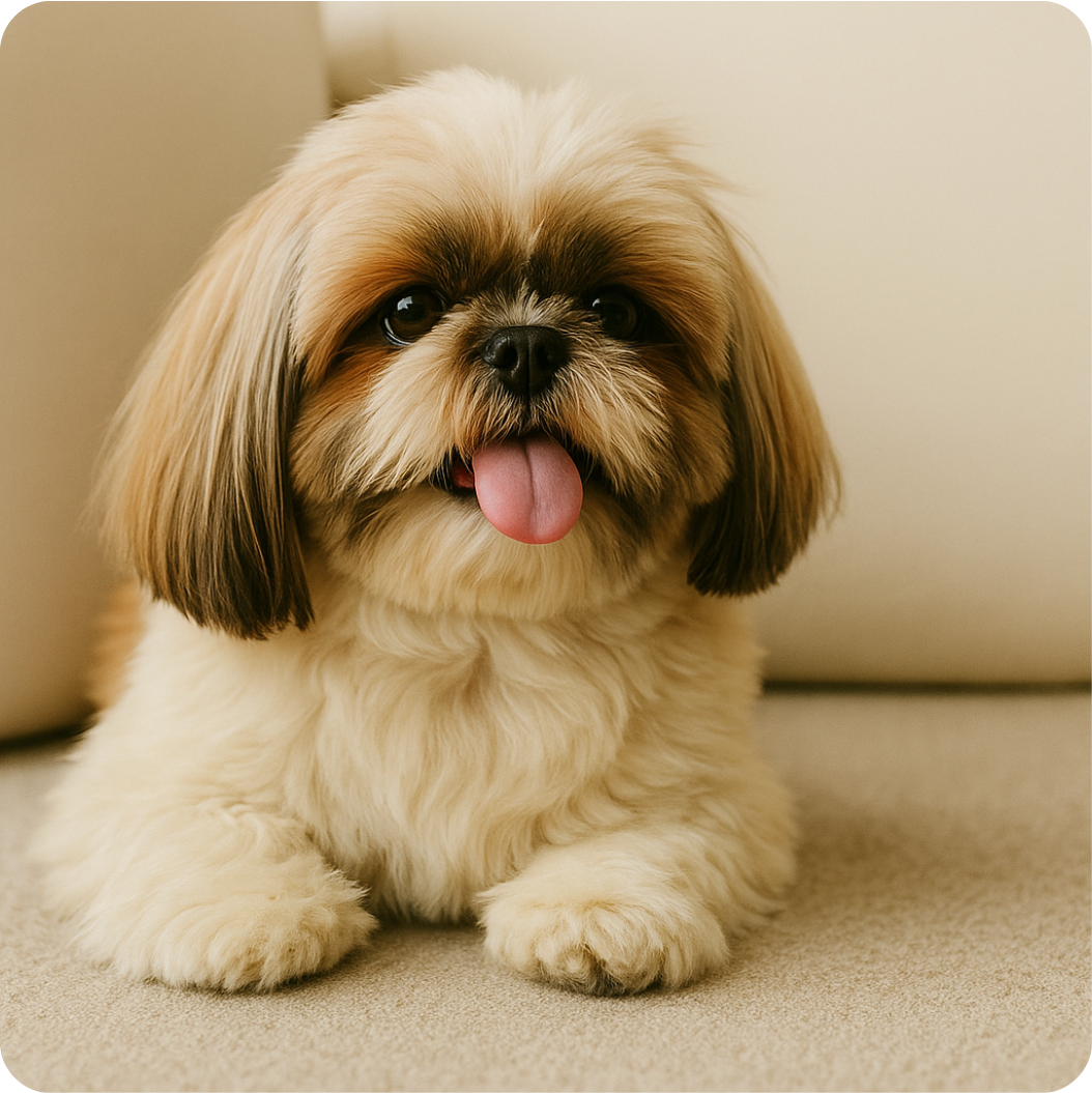 Fluffy dog with long ears and tongue out, sitting on a beige surface.