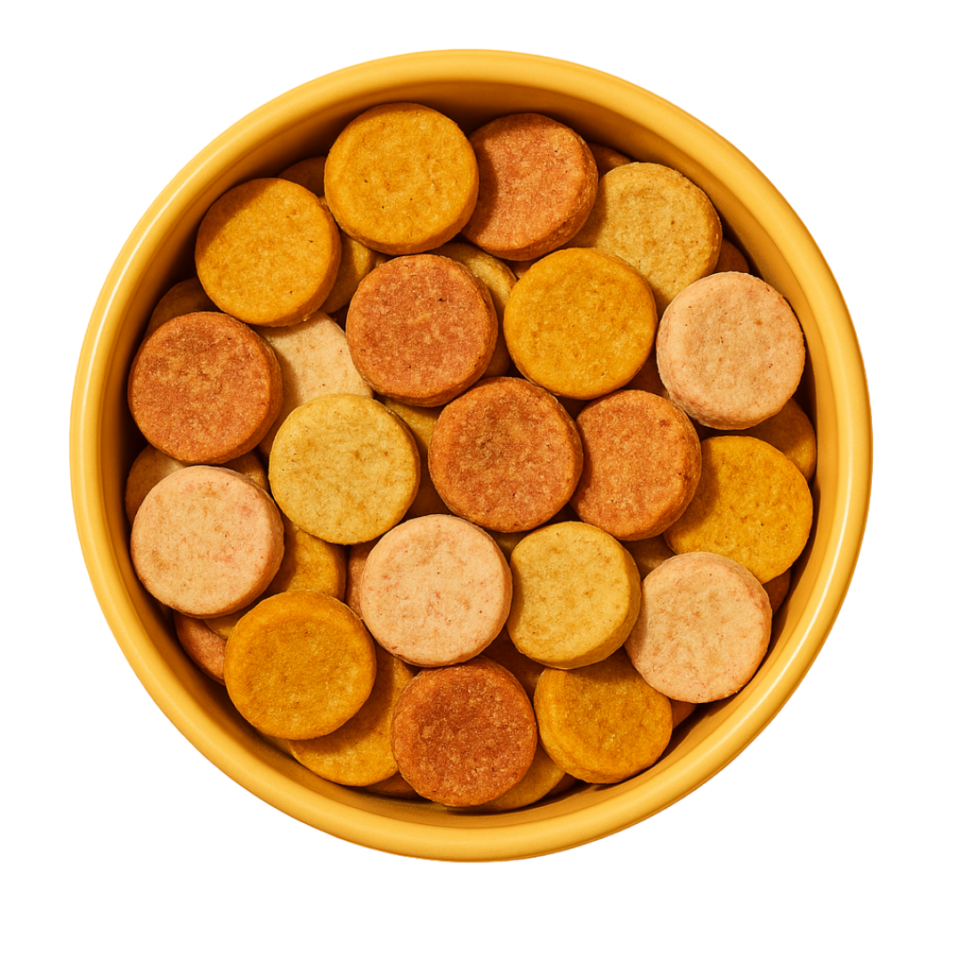 A yellow bowl filled with round, multicolored biscuits.
