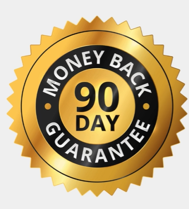 A gold and black seal that reads 'Money Back 90 Day Guarantee' on a light gray background.