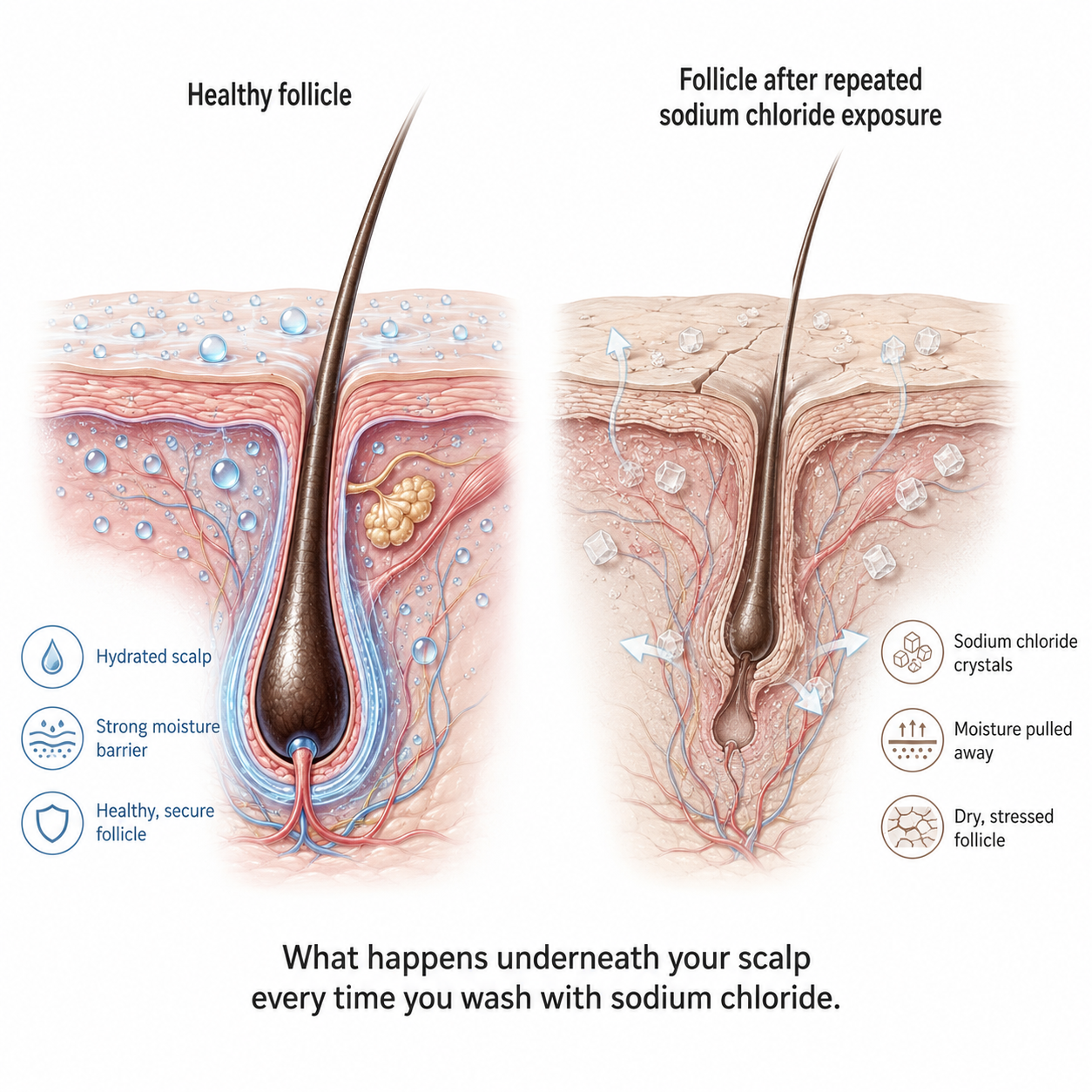A diagram comparing a healthy hair follicle to one damaged by sodium chloride exposure, showing moisture loss.