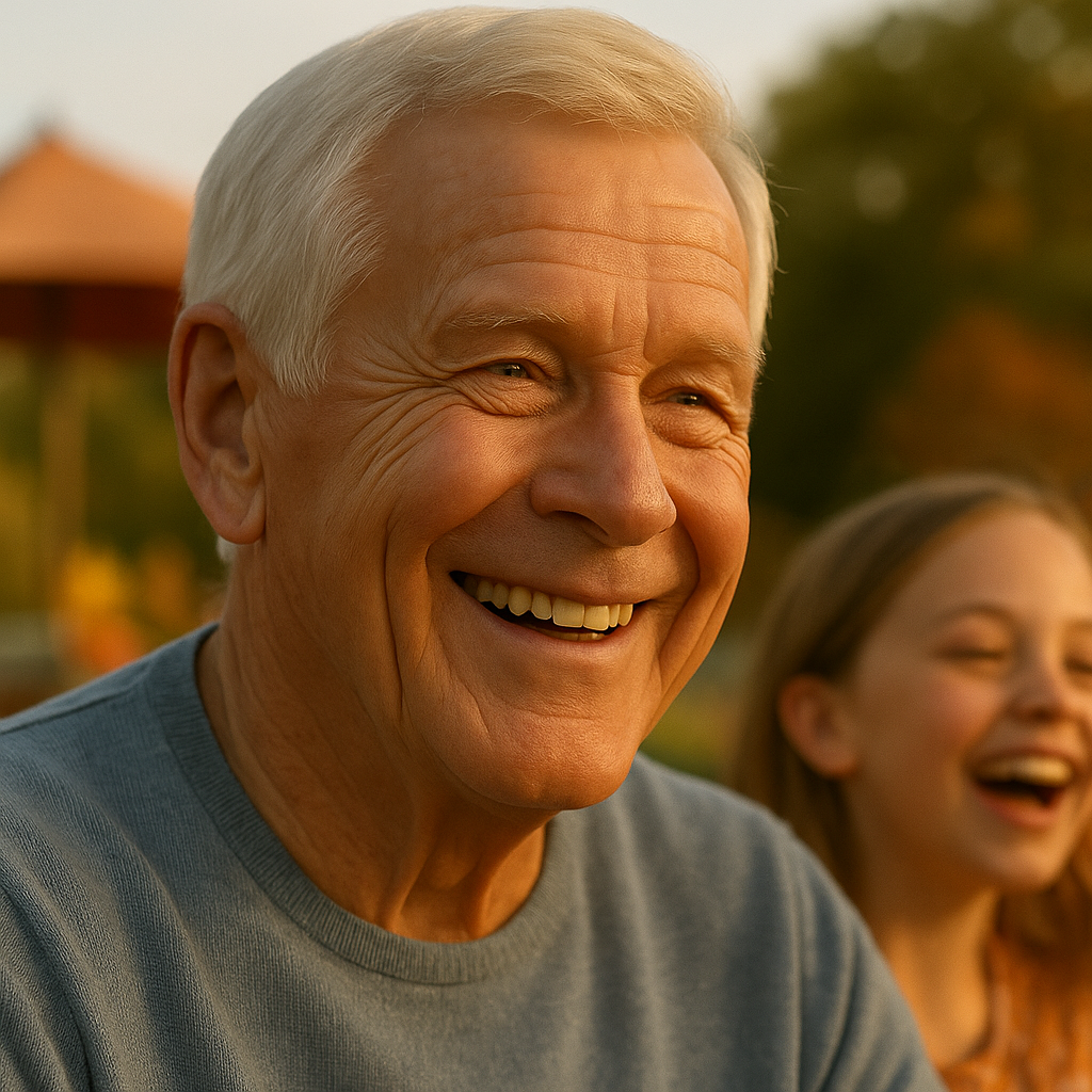 Smiling older man with white hair, and a young girl laughing in the background.