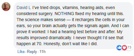 A social media comment discussing hearing improvement with likes and reactions shown.