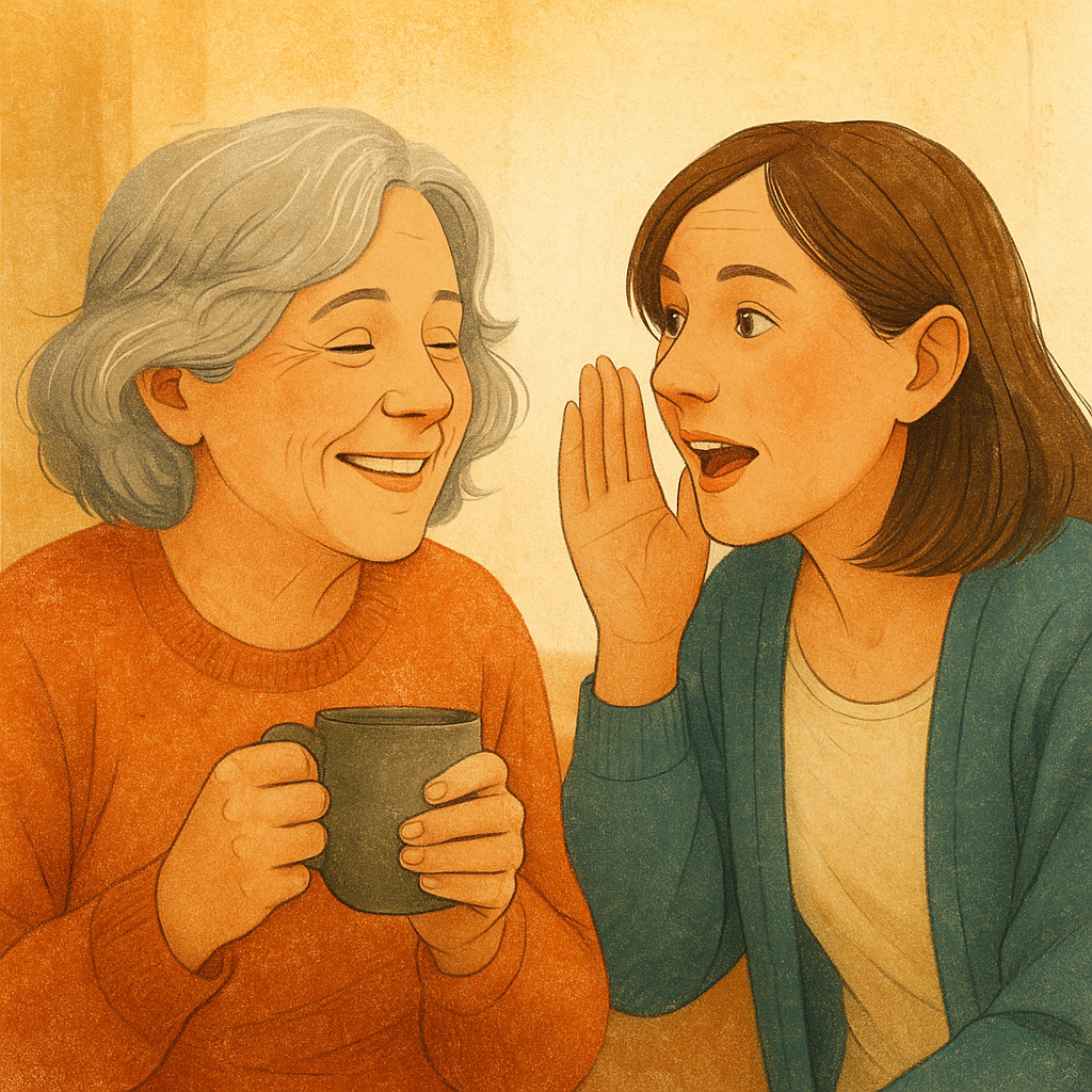Illustration of two women talking, one holds a mug, both smiling.