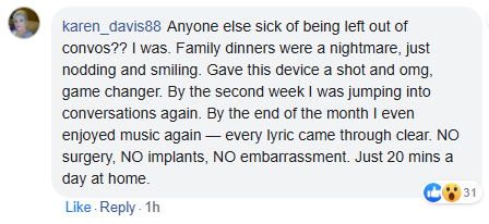 Facebook comment with user profile picture and text about conversation improvement device.
