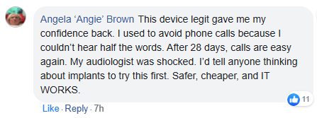 A Facebook comment praising a device for improving hearing and boosting confidence.