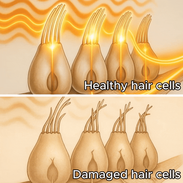 Illustration of healthy and damaged hair cells with sound waves.