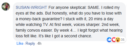 Facebook comment discussing hearing improvement experience and money-back guarantee.
