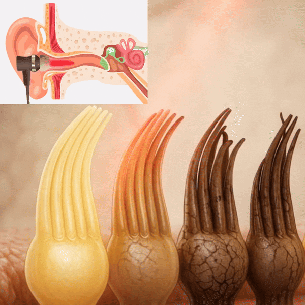 Illustration of colorful hair follicles with inner ear diagram in the corner.