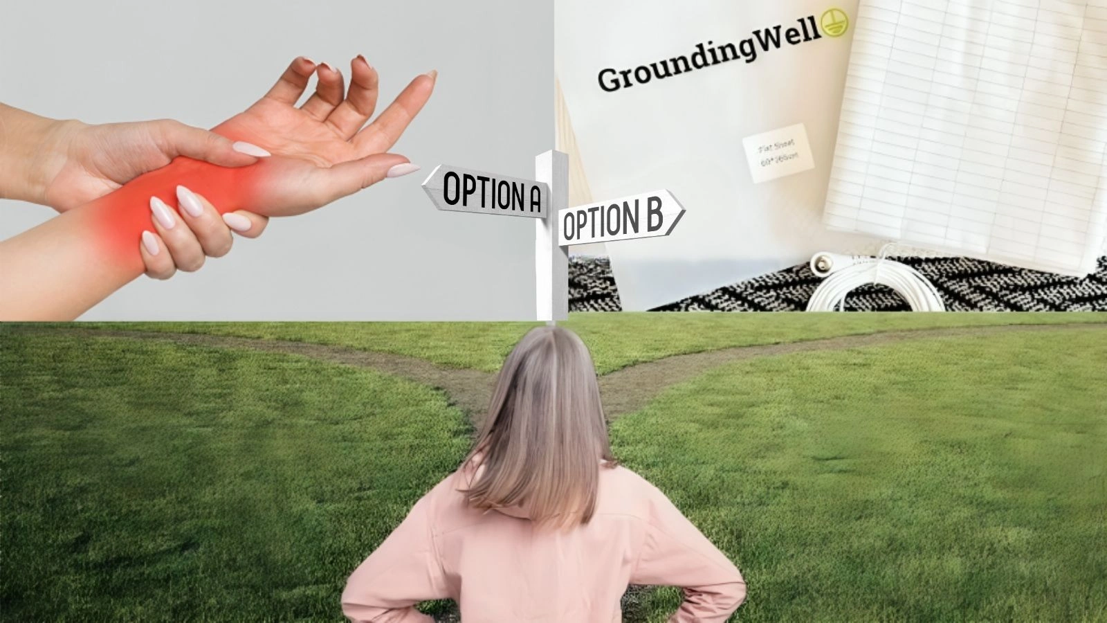 Collage with a red wrist, signpost, planner, and person facing a forked path.