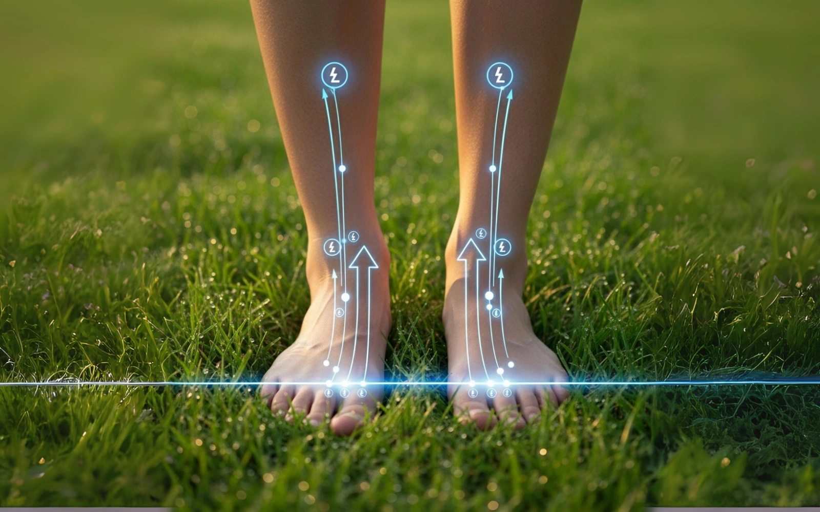 Feet on grass with digital energy symbols and arrows overlay.
