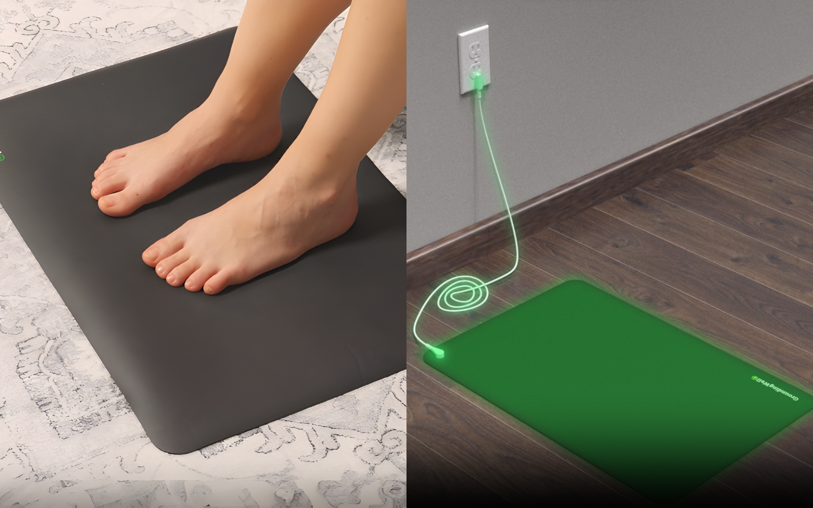 Split image showing feet on a grey mat and a green mat plugged into a wall outlet.