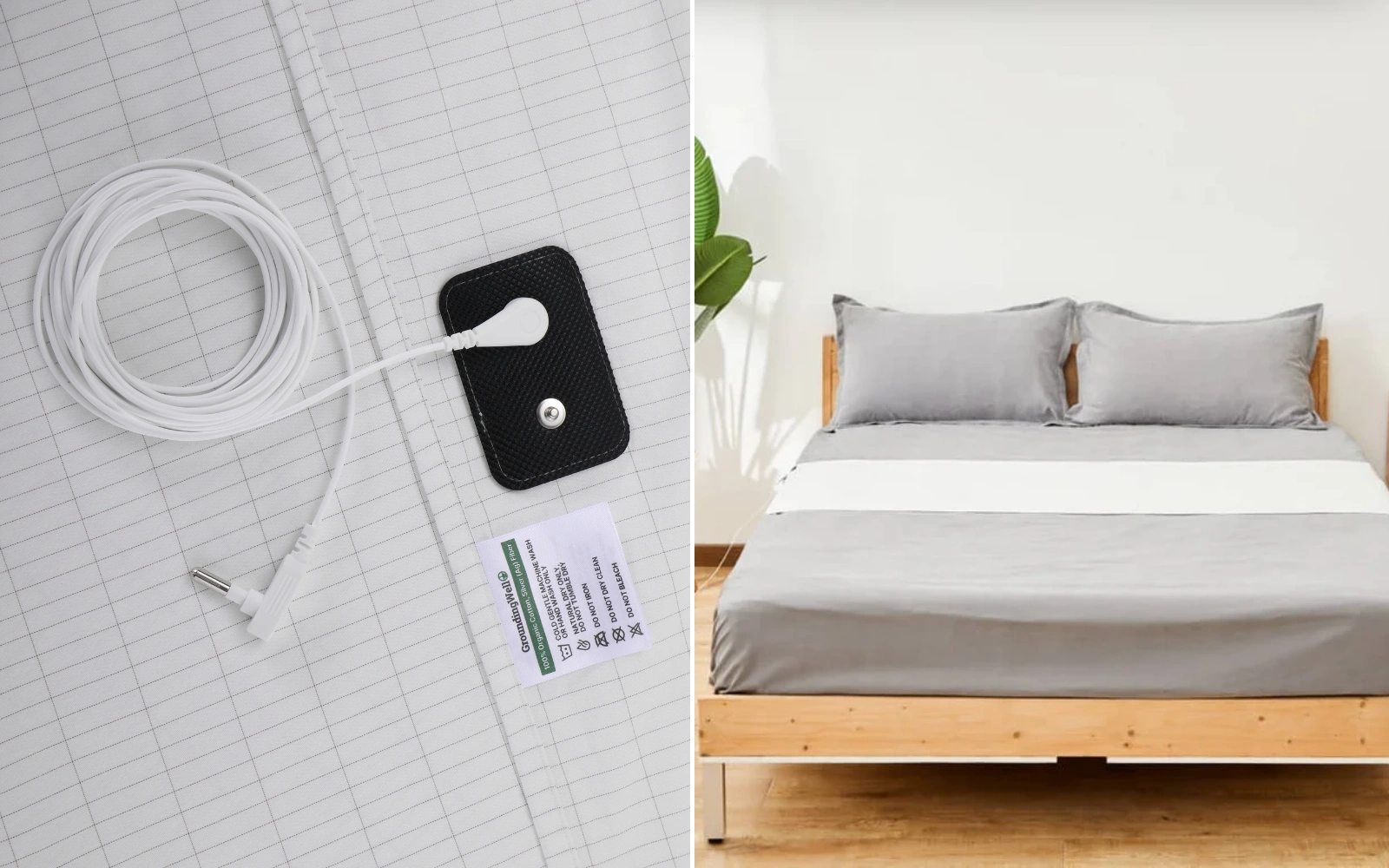 Split image: left shows a white mat with a cable; right shows a bed with grey bedding.