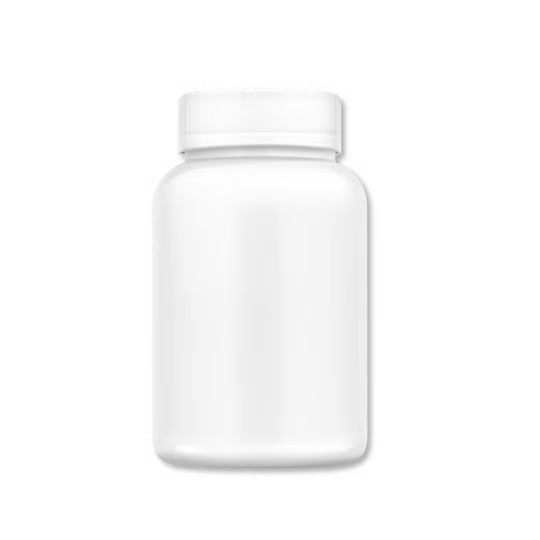 White plastic bottle with a screw cap on a black background.