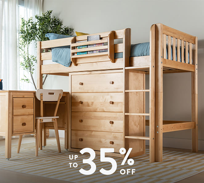 Solid maple loft bed with built-in dresser, desk, ladder and storage drawers in a modern kids' bedroom, on sale up to 35% off.
