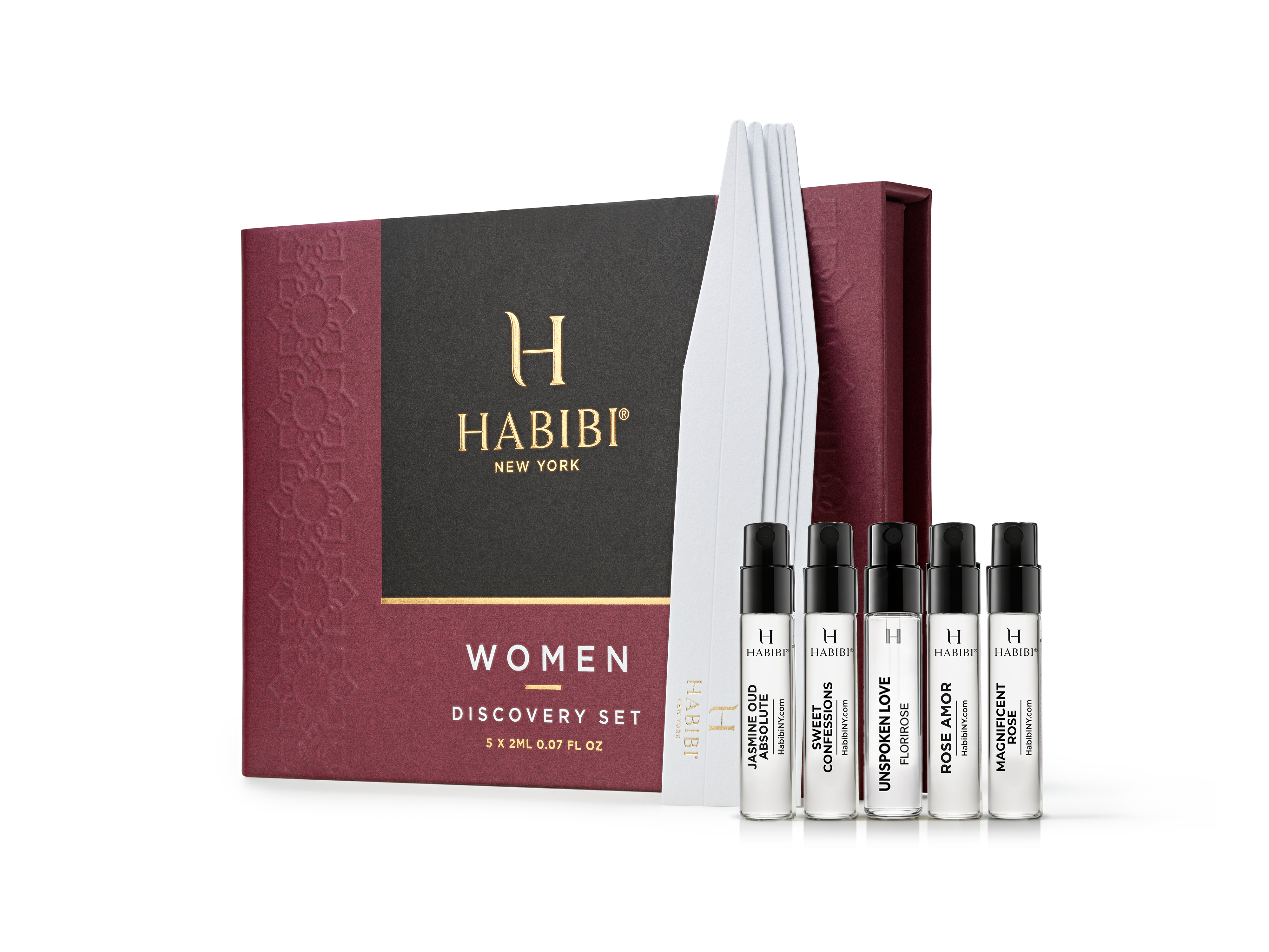 The Habibi New York Women Discovery Set, featuring its box and five sample-sized perfume spray bottles.
