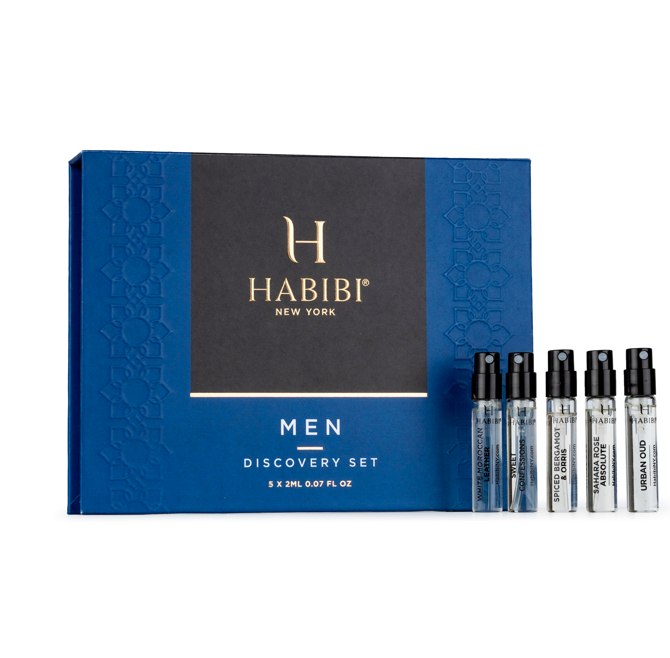 Blue box of men's fragrance samples with five small vials.