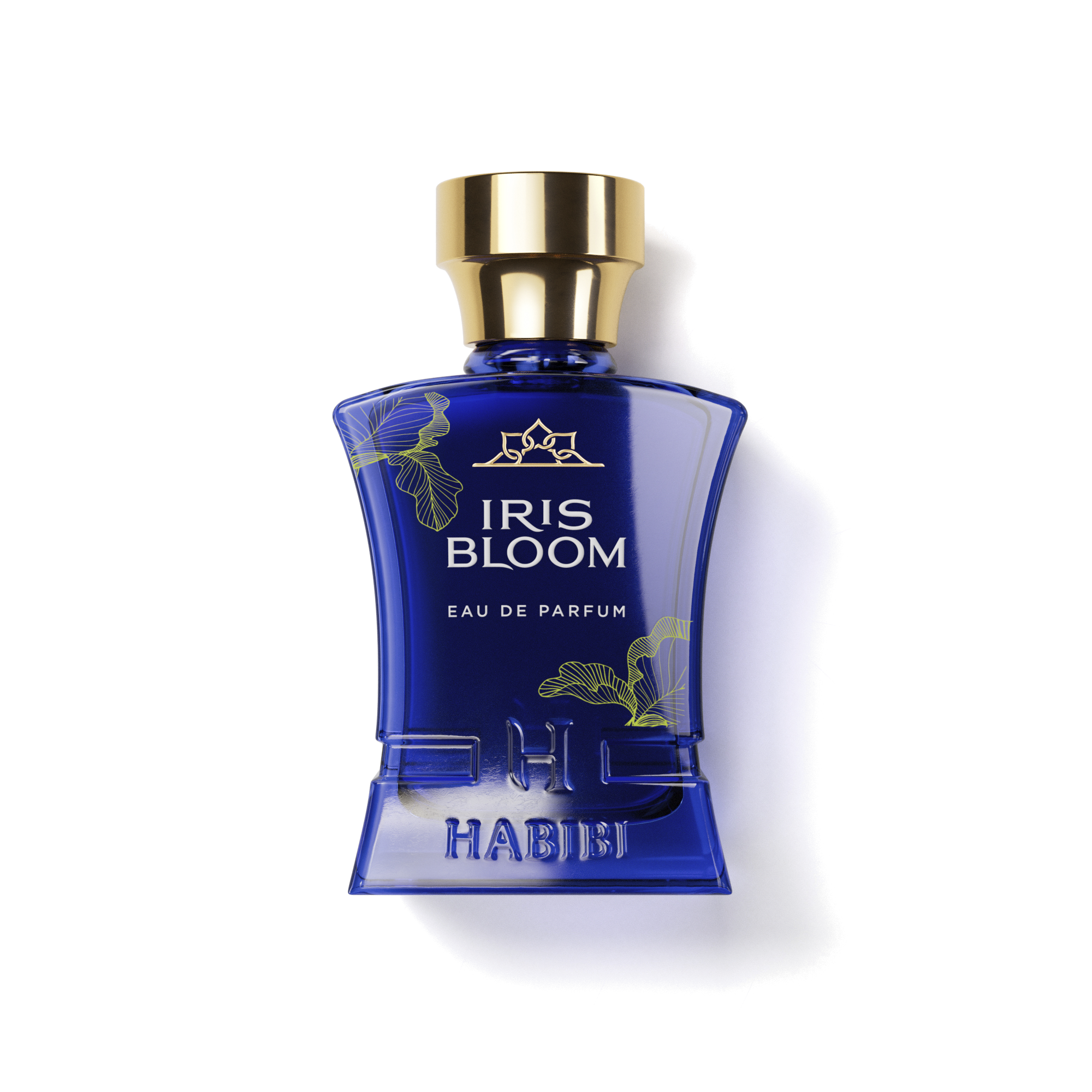 Blue perfume bottle labeled 'Iris Bloom Eau de Parfum' with gold cap.