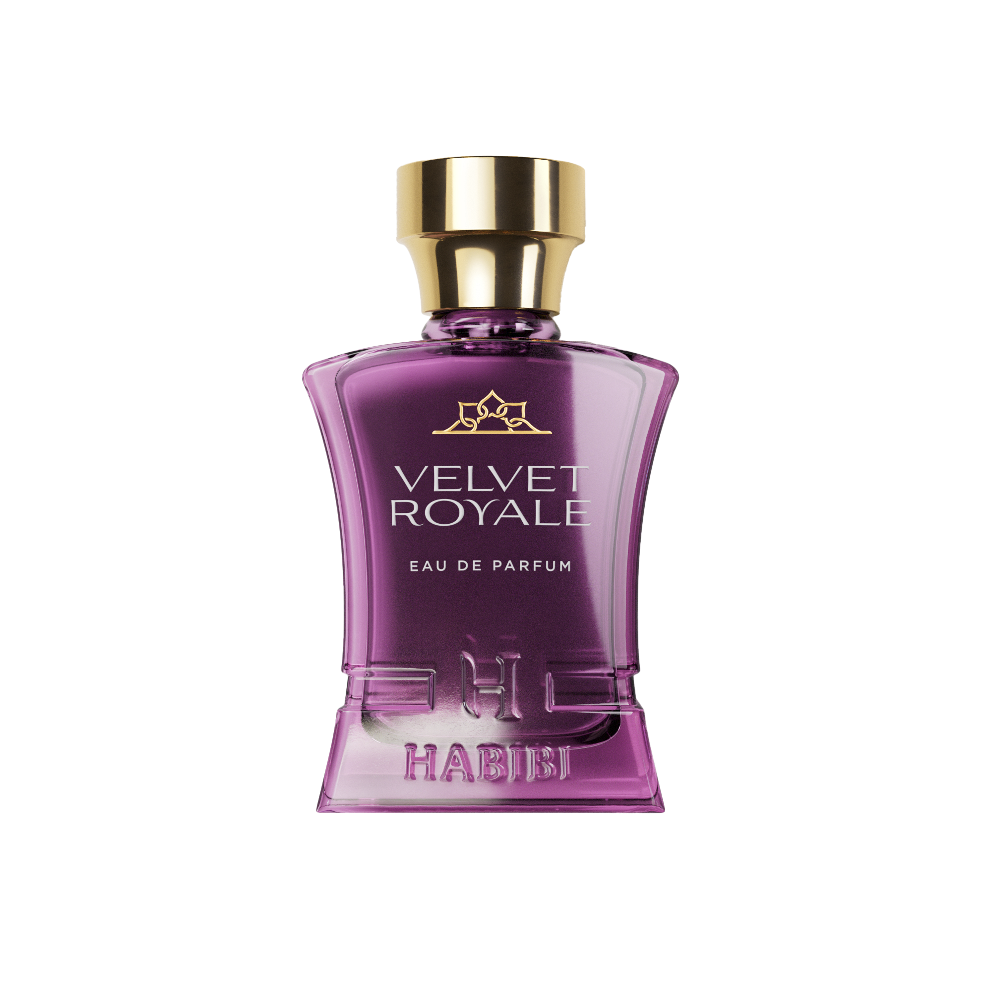 Purple perfume bottle labeled 'Velvet Royale Eau de Parfum' with a gold cap.