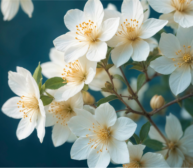 White flowers with yellow centers against a blue background.