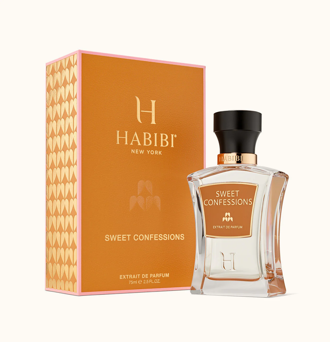 Perfume bottle and box labeled 'Habit New York Sweet Confessions'.