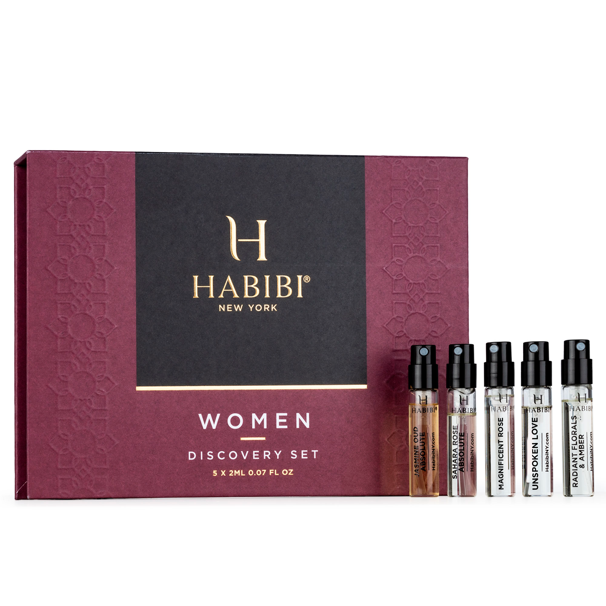 A perfume discovery set with five sample vials and a maroon box.