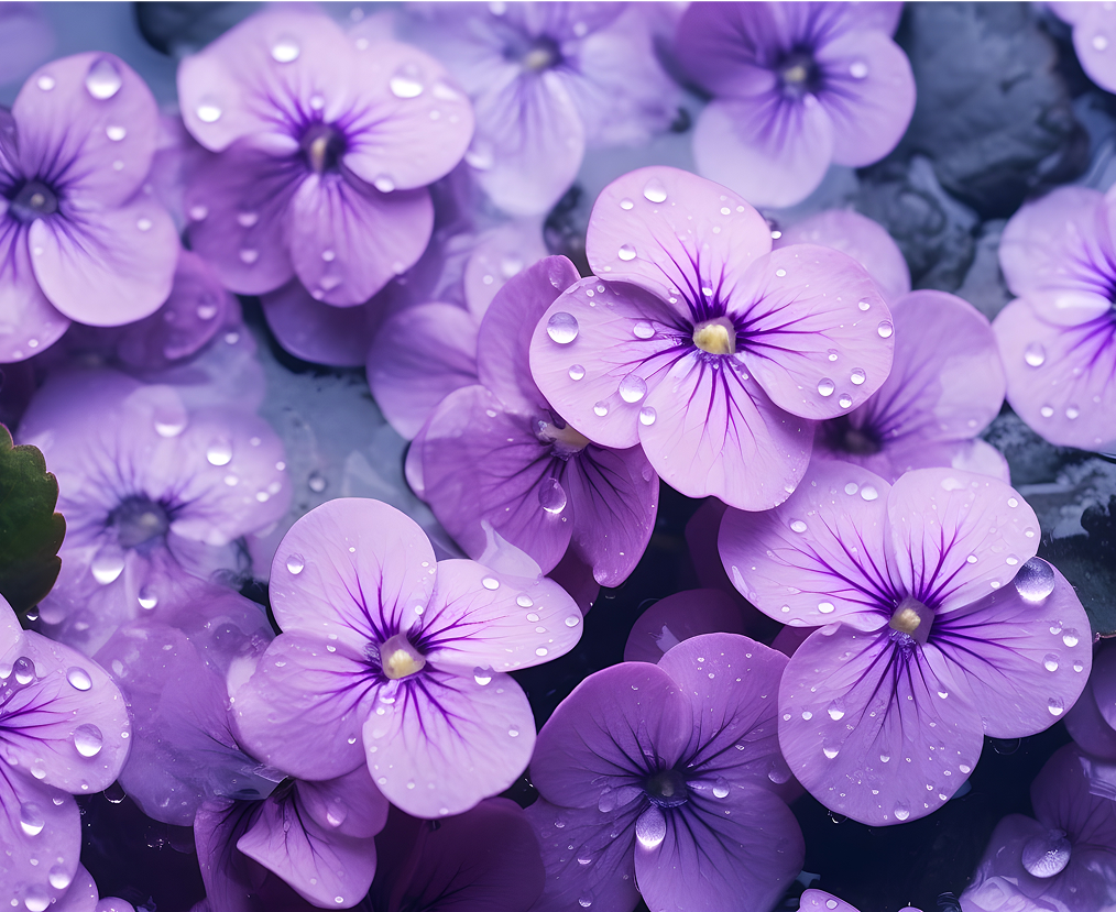 Close-up of purple flowers with water droplets on petals.