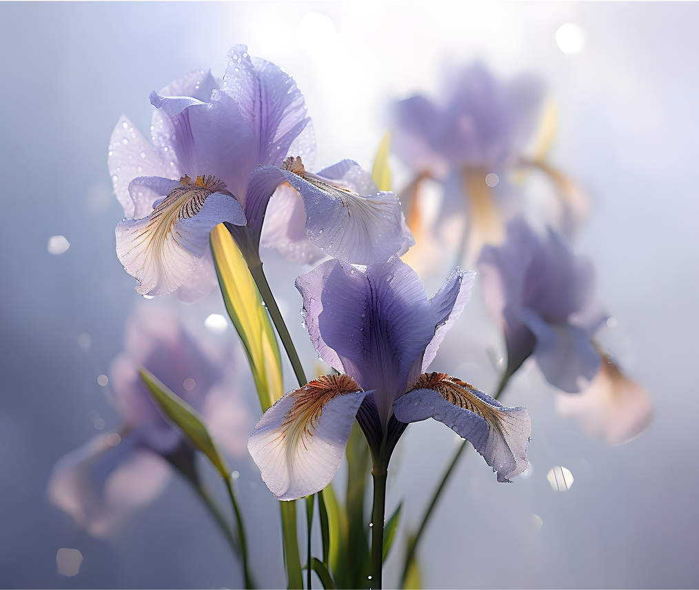 Close-up of purple irises with dewdrops against a soft, blurred background.