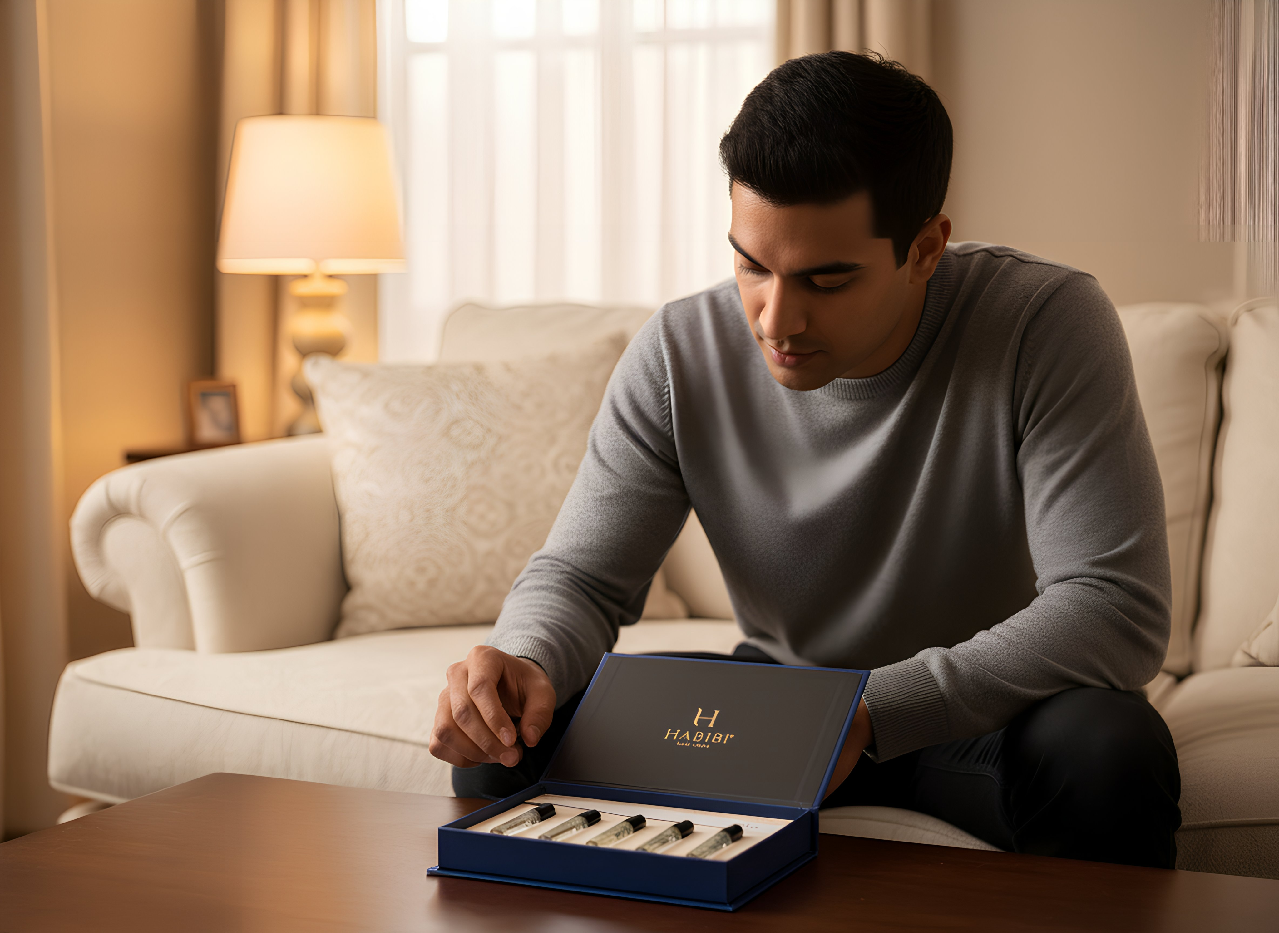 Person examining a blue luxury perfume box on a coffee table.
